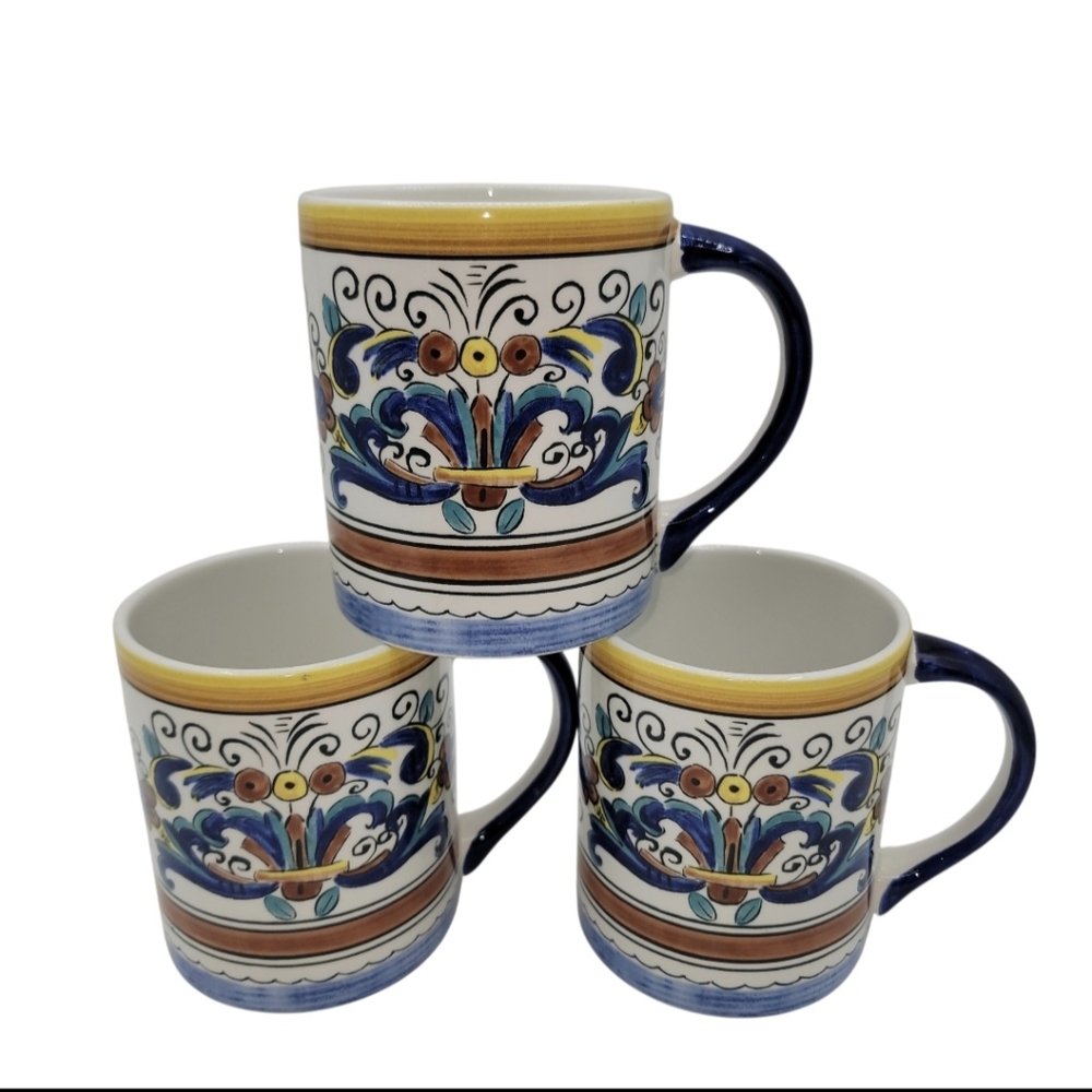 Ricco Deruta Pottery Mug Set of 3 yellow blue scrolls floral handpainted 4 Inch